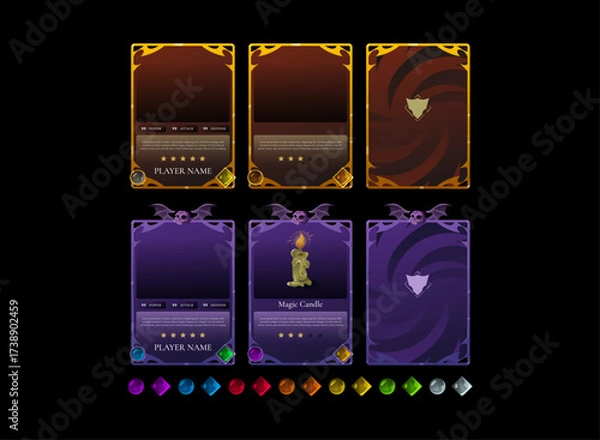 Fototapeta Golden ancient and halloween fantasy trading card game template set. Magic RPG card layout with gothic border and crystal gem elements, collectible battle deck for board games and digital TCG projects