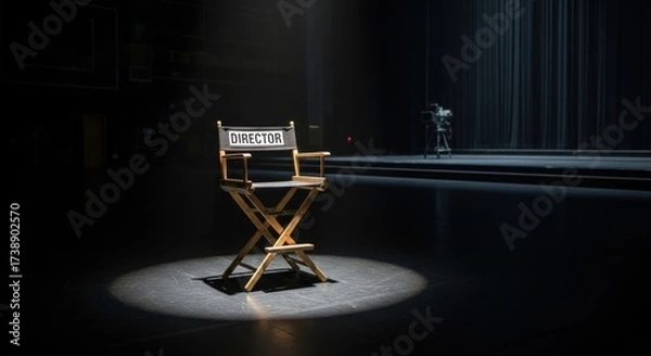 Fototapeta A spotlight illuminates a director's chair positioned centrally on a stage, creating a sense of anticipation and drama.