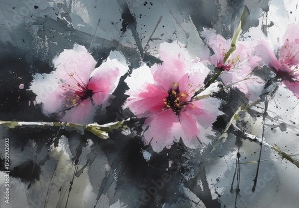 Fototapeta Delicate blossoms in muted tones, accented by dark, abstract brushstrokes, create a tranquil and evocative floral still life.