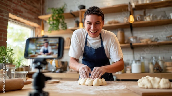 Fototapeta Young Baker Smiling While Preparing Dough in Modern Kitchen with Smartphone on Table