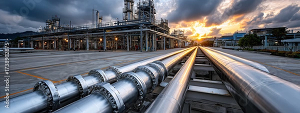 Fototapeta Industrial Pipeline at Refinery with Sunset Sky in Background, Modern Infrastructure and Metal Tubing, Energy Industry Focus