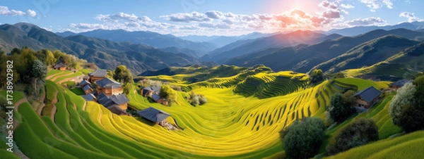 Fototapeta Scenic sunset over terraced rice fields with mountains in background and quaint houses nestled in lush greenery