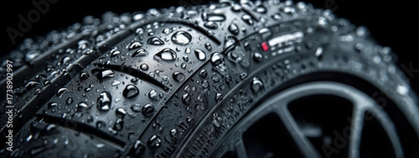 Fototapeta Close-Up of a Wet Tire with Water Droplets on a Black Background Highlighting Texture and Detail