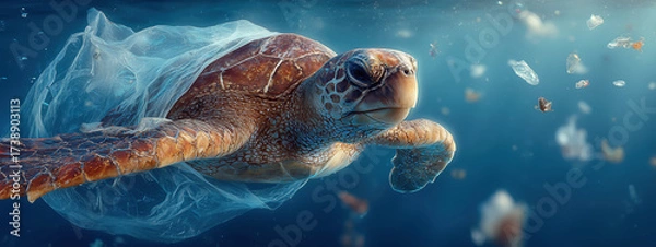 Fototapeta Sea Turtle Gliding Through Ocean Water Surrounded by Plastic Waste and Debris Floating