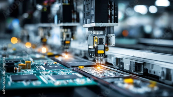 Fototapeta Advanced Robotics Technology in Electronics Manufacturing Process with Close-Up Focus