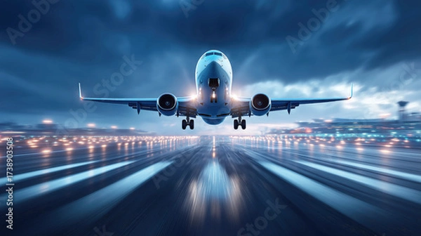 Fototapeta Dramatic Night Takeoff of a Modern Aircraft Against a Moody Sky and Bright Runway Lights