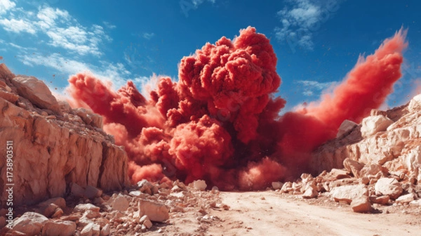 Fototapeta Dramatic Explosion of Red Dust Clouds in a Rocky Landscape Under a Bright Blue Sky