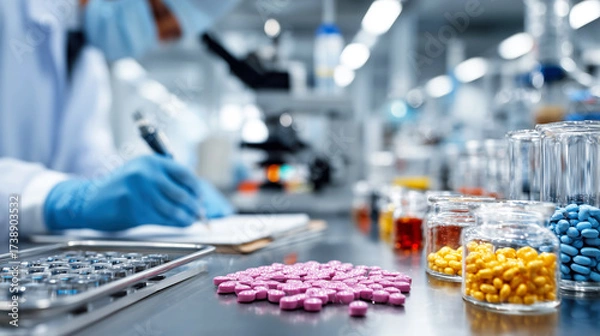 Fototapeta Pharmacist Recording Data in Modern Laboratory with Colorful Pills and Capsules on Table