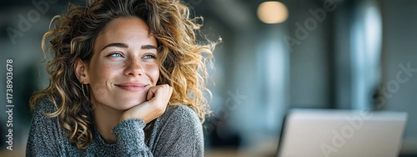 Fototapeta Young woman with curly hair smiling thoughtfully in modern workspace with laptop in background
