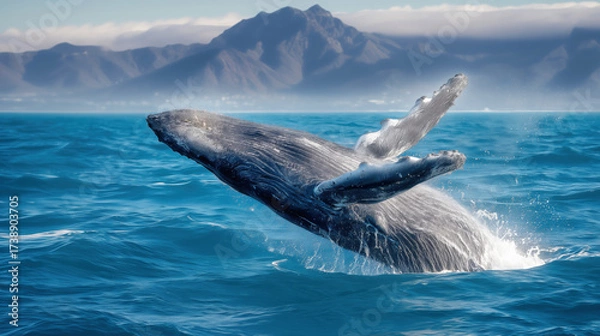 Fototapeta Majestic Humpback Whale Breaching in Vibrant Ocean with Mountains in Background