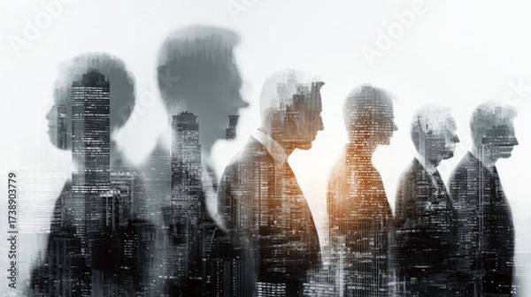 Fototapeta Business Professionals in Silhouette Over Cityscape with Urban Blend and Double Exposure Effect