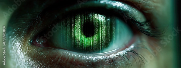 Fototapeta Banner of Futuristic Eye with Green Digital Code Display in a Cyberpunk Aesthetic Environment