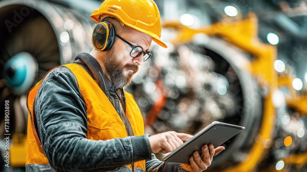 Fototapeta Industrial Worker Using Tablet in Factory with Safety Gear and Machinery in Background