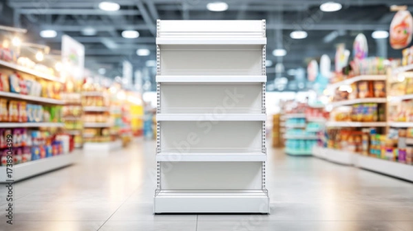 Fototapeta Empty white retail shelf in modern grocery aisle surrounded by colorful product displays