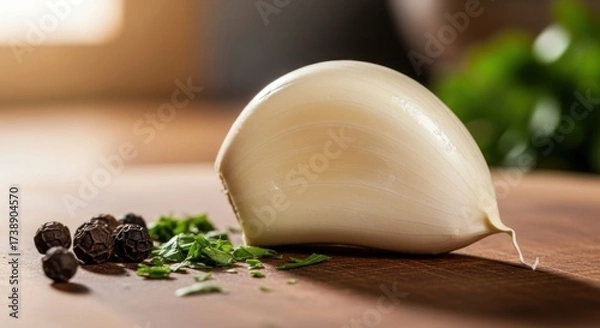 Fototapeta shot showcases a fresh garlic clove positioned prominently on a wooden surface, accompanied by peppercorns and fresh, chopped herbs for added visual detail, all set against a softly blurred...