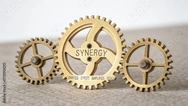 Fototapeta Close up of interlocking gears with SYNERGY text