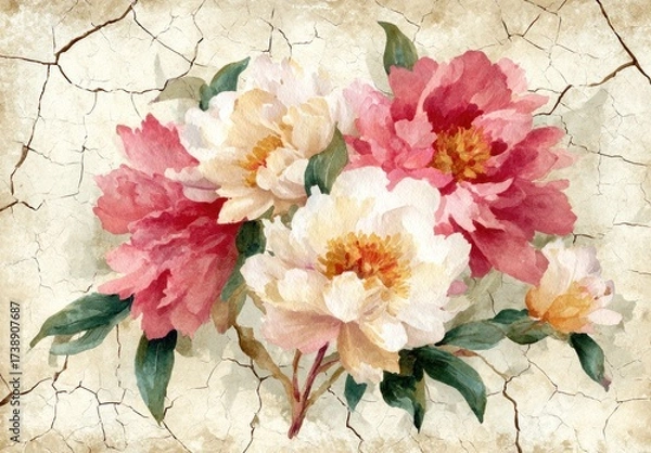 Obraz A delicate bouquet of vibrant pink and creamy white peonies, painted with watercolor style, sits gracefully against a textured background of cracked ivory.