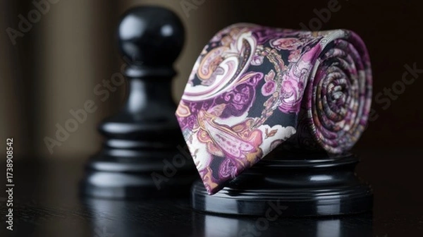 Fototapeta Elegant Purple and Black Silk Tie Rolled on Classic Chess Piece in a Sophisticated Setting, Perfect for Fashion and Style Themes in Editorial and Commercial Use