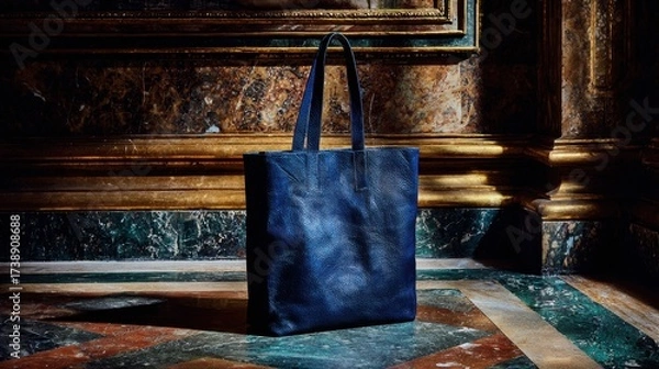 Fototapeta Elegant Dark Blue Tote Bag Displayed in a Luxurious Marble Interior, Highlighting Modern Design and Classic Architecture Elements in a Chic Setting
