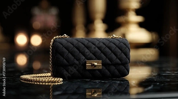 Fototapeta Elegant Black Quilted Handbag with Chain Strap Set Against a Luxurious Background, Perfect for Fashion and Accessory Photography, Evening Events, and Style Inspirations