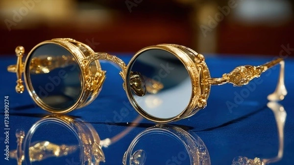 Fototapeta Exquisite Vintage Eyeglasses with Ornate Design and Gold Frame Placed on a Blue Surface, Showcasing Intricate Craftsmanship and Elegance