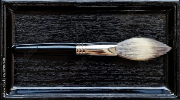 Fototapeta Elegant makeup brush on a sleek black surface, perfect for beauty, cosmetics, and art applications, showcasing fine bristles and a polished handle for precision.