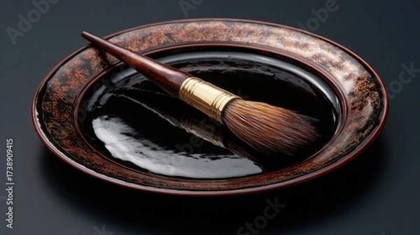 Fototapeta Elegant artist brush resting on a glossy black plate with intricate red and gold detailing, symbolizing creativity and artistry in a refined setting for an art project.