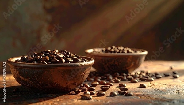Fototapeta Roasted Coffee Beans in Rustic Bowls with Warm Golden Light on Textured Surface