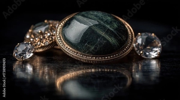 Fototapeta Elegant vintage jewelry featuring a prominent green stone surrounded by sparkling clear gemstones on a reflective surface, showcasing intricate design and craftsmanship.