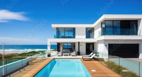Fototapeta Modern, luxurious home showcases a pristine outdoor swimming pool with clear turquoise water and wooden decking, offering stunning views of a sandy beach and the vast, deep blue ocean under a clear,