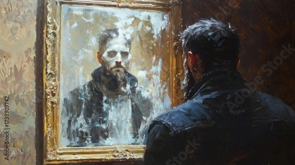 Fototapeta Contemplating an Expressive Impasto Portrait, a Textured Oil Painting Exploring Identity and Reflection.
