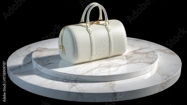 Fototapeta Elegant White Handbag Displayed on a Marble Pedestal in a Studio Setting with Dramatic Lighting Showcasing Premium Fashion Accessories and Modern Design