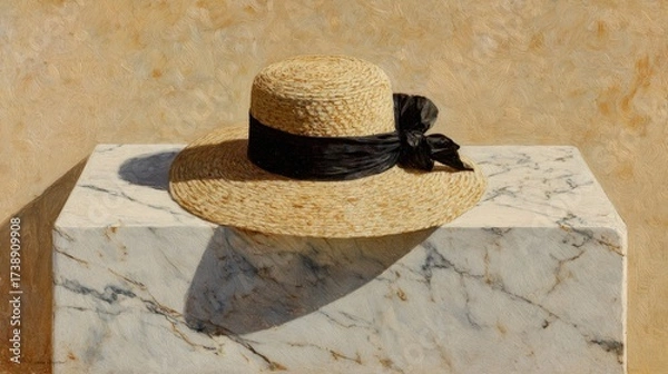 Fototapeta Elegant Straw Hat with Black Ribbon Gracefully Positioned on a Marble Surface, Capturing Warm Light and Textures in a Minimalist Composition