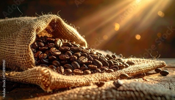 Fototapeta Roasted Coffee Beans Overflowing from Burlap Sack on Rustic Wooden Table in Warm Sunlight
