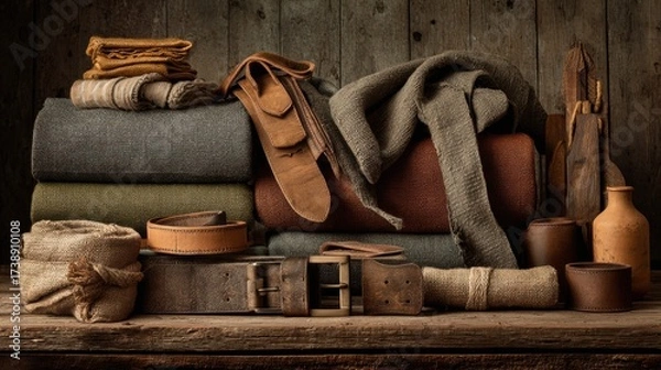 Fototapeta Rustic Workshop Scene Featuring Textiles, Leather Goods, and Natural Materials on a Wooden Table, Capturing the Essence of Craftsmanship and Artisanal Lifestyle