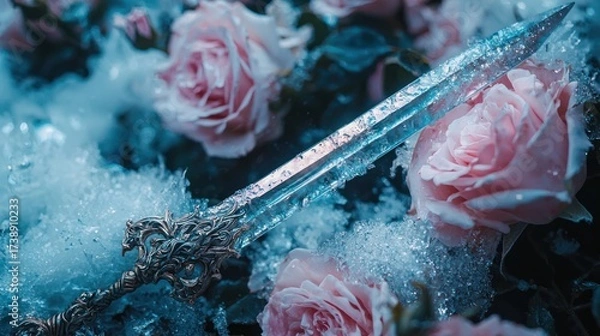 Fototapeta Enchanting ice sword with ornate hilt resting among delicate pink roses and sparkling frost, creating a mystical fantasy scene of frozen beauty and contrasting elements.