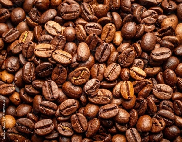 Fototapeta Roasted Coffee Beans Texture in Close Up Macro View Brown and Tan Tones Heap Pile Background Gourmet Aroma Stimulant Drink Ingredient Dark Roast
