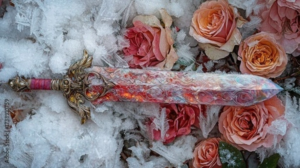Fototapeta Ornate fantasy sword with a fiery, crystal blade nestled among frosty roses and intricate ice formations, showcasing a vibrant contrast of warmth and cold in a magical winter setting.