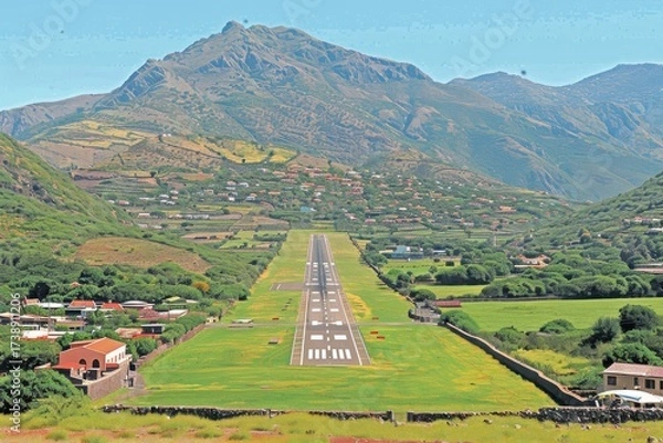 Fototapeta A scenic view of a runway surrounded by lush greenery and mountains, showcasing a blend of nature and aviation infrastructure.