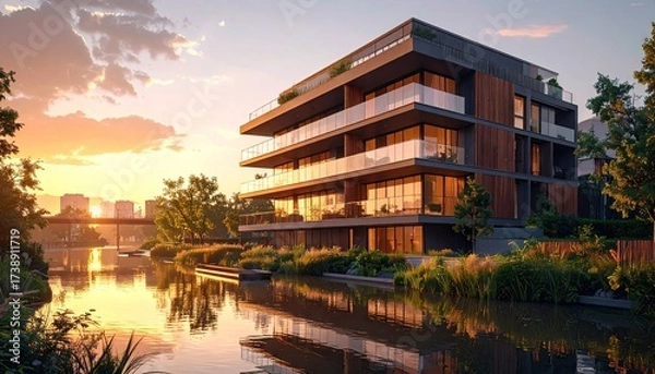 Fototapeta Residential Towers by Canal in Soft Light with Moored Boats Water Reflections Sunset Orange Sky Trees and Contemporary Architecture