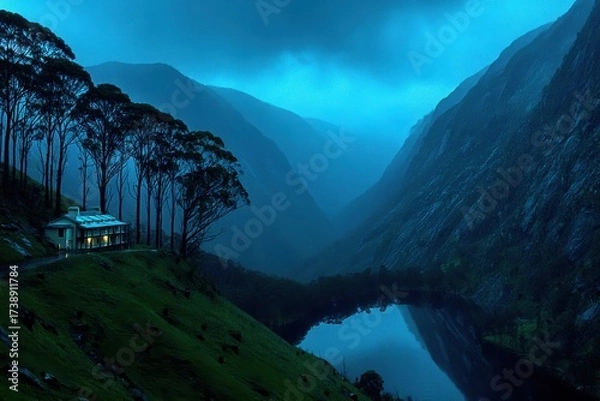 Fototapeta A tranquil, misty valley scene at dusk, featuring a modern house beside a serene lake and surrounded by towering mountains and trees.