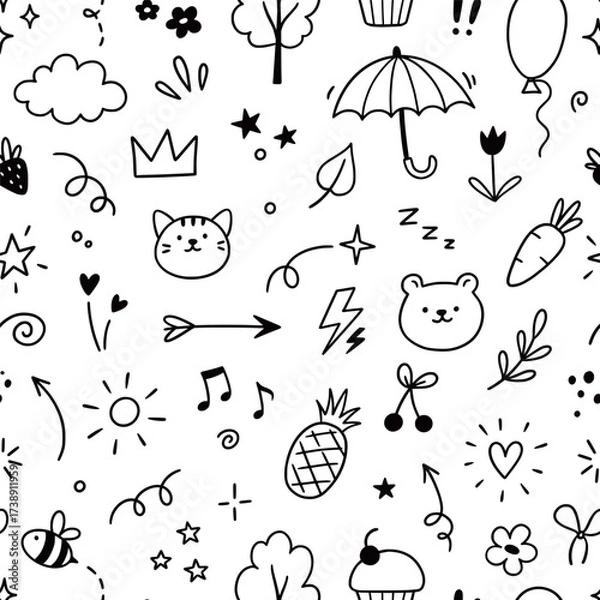 Fototapeta Icon cute line pattern. Seamless background with cartoon children, baby animals, stars, flowers and hearts elements. Hand drawn sketch style children seamless pattern. Vector illustration