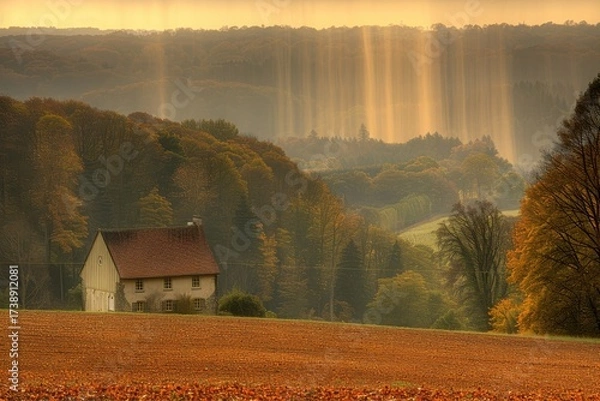 Fototapeta A serene landscape featuring a quaint house surrounded by autumn foliage and sunbeams filtering through trees, creating a tranquil atmosphere.