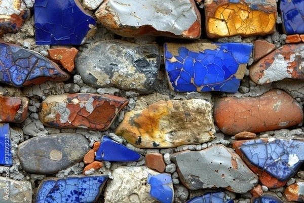 Fototapeta A textured wall made of colorful, fragmented stones featuring shades of blue, orange, and gray, showcasing a unique blend of materials and colors.