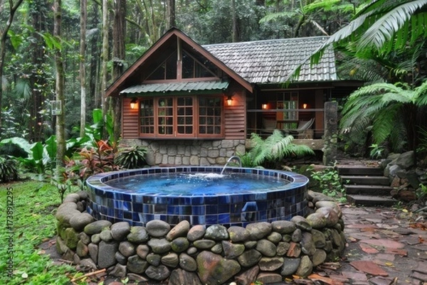Fototapeta A charming cabin nestled in a lush forest, featuring a stone hot tub and surrounded by vibrant greenery.
