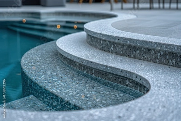 Fototapeta A modern swimming pool's elegant steps feature textured stone surfaces and clear water, creating a serene and luxurious atmosphere.
