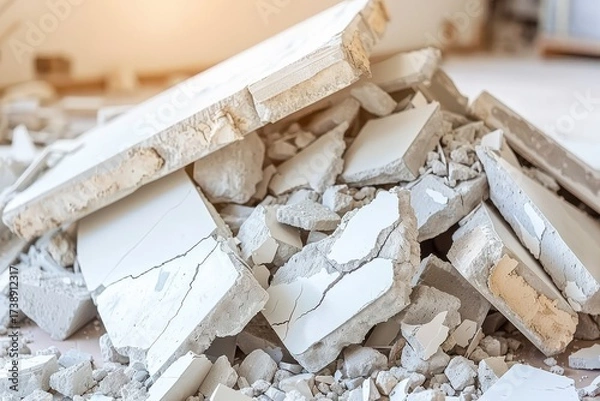 Fototapeta A pile of broken concrete and plaster shards scattered on the floor, indicating recent demolition or renovation work.