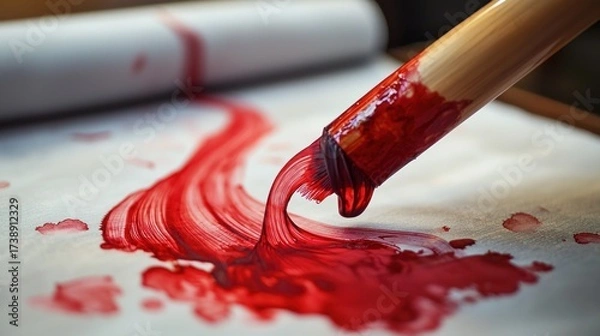 Fototapeta Macro close-up of a paintbrush making dynamic, textured strokes with vibrant red liquid paint on a white surface, showcasing the fluid motion and creative artistic process.