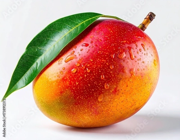 Fototapeta Ripe Mango with Leaf on White Background Close Up Shot of Tropical Fruit with Red Yellow Skin and Water Droplets