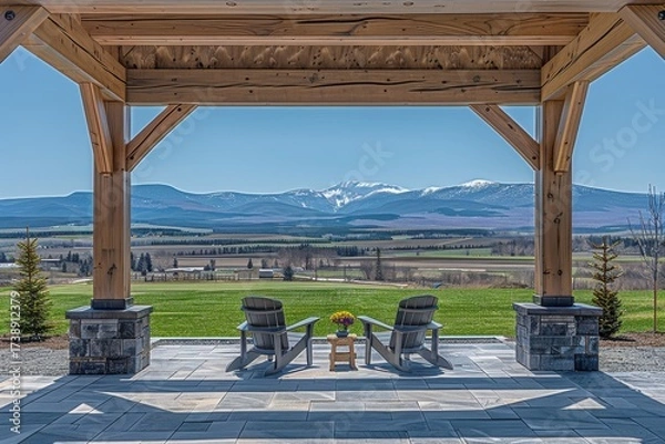 Fototapeta A scenic view from a wooden patio overlooking rolling fields and snow-capped mountains, featuring two chairs and a small table with flowers.